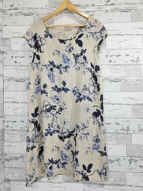 Beige Floral Midi Dress with Blue Print